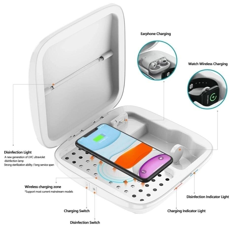 UV Sterilizavimo dėžutė 4 in 1 + belaidis įkrovimas цена и информация | Apsauginės sienelės, dezinfekcinės stotelės | pigu.lt