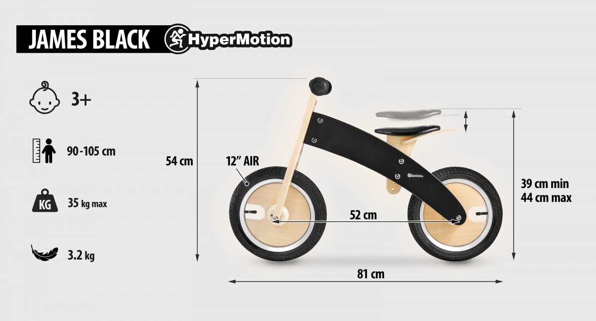 Medinis balansinis dviratis HyperMotion James, pripučiami ratai, juodas kaina ir informacija | Balansiniai dviratukai | pigu.lt