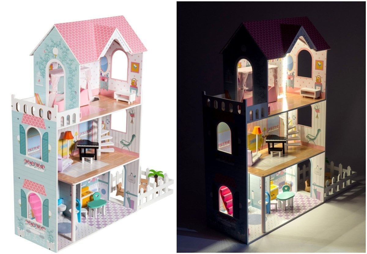 Medinis lėlių namelis - 123 cm, LED apšvietimas, terasa, aksesuarai, darželis цена и информация | Žaislai mergaitėms | pigu.lt