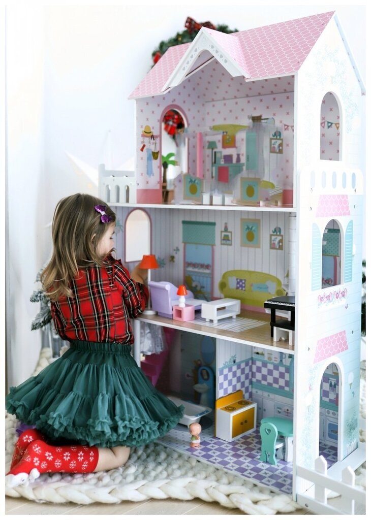 Medinis lėlių namelis - 123 cm, LED apšvietimas, terasa, aksesuarai, darželis kaina ir informacija | Žaislai mergaitėms | pigu.lt