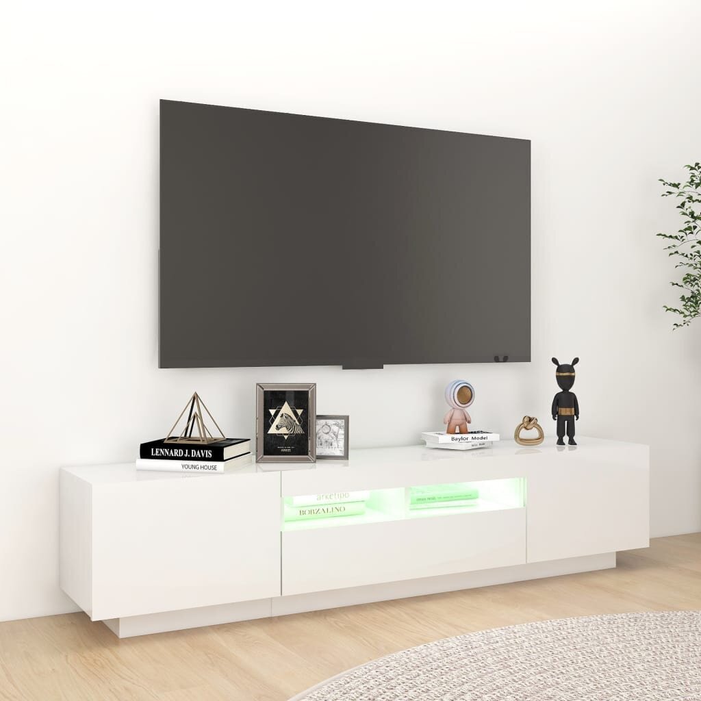 TV spintelė su LED apšvietimu, 180x35x40 cm, balta, blizgi kaina ir informacija | TV staliukai | pigu.lt