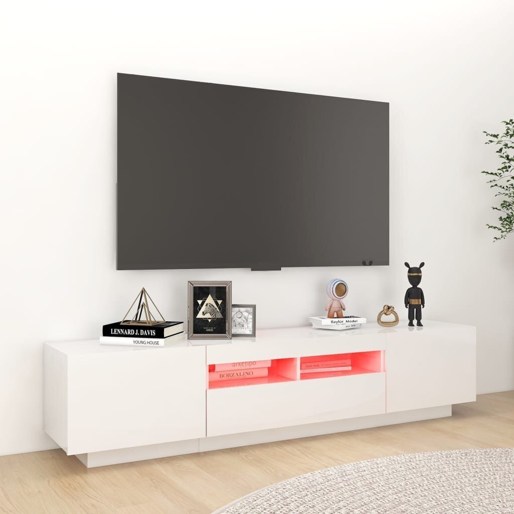TV spintelė su LED apšvietimu, 180x35x40 cm, balta, blizgi kaina ir informacija | TV staliukai | pigu.lt