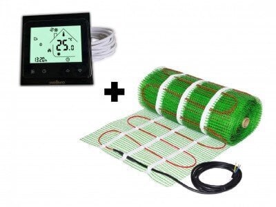 Grindinio šildymo tinklelis Wellmo MAT dydis 0,5 m2 ir programuojamas termostatas WTH-51.36 NEW BLACK juodas kaina ir informacija | Grindų ir veidrodžių šildymo kilimėliai | pigu.lt