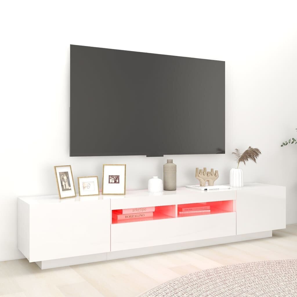 TV spintelė su LED apšvietimu, 200x35x40 cm, balta, blizgi kaina ir informacija | TV staliukai | pigu.lt