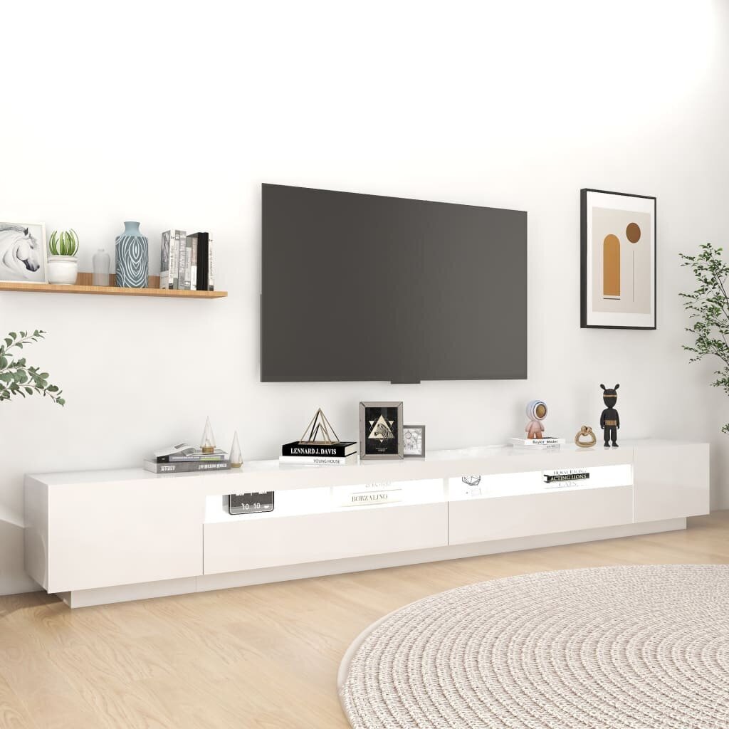 TV spintelė su LED apšvietimu, 300x35x40 cm, balta, blizgi kaina ir informacija | TV staliukai | pigu.lt