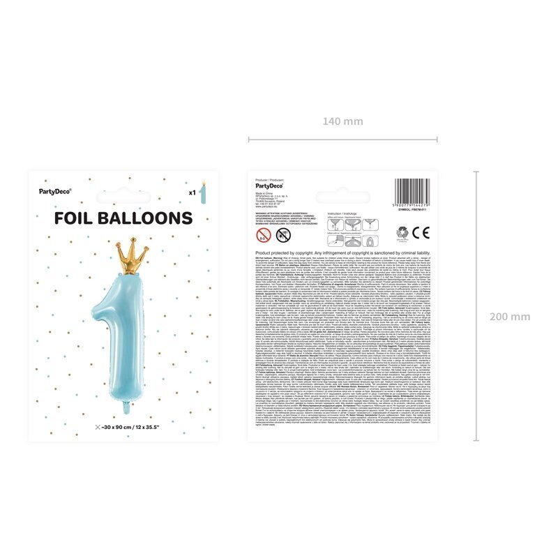 Folinis balionas 1 su karūna, melsvas, 90cm kaina ir informacija | Balionai | pigu.lt