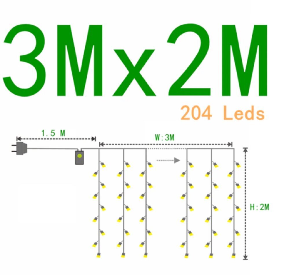 Girlianda-užuolaida 204 LED 3x2 m, geltona цена и информация | Girliandos | pigu.lt