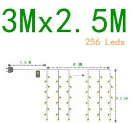 Girlianda-užuolaida 256 LED 3x2, 5 m, balta kaina ir informacija | Girliandos | pigu.lt