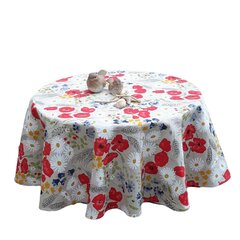 Apvali staltiesė lininė staltiesė / išskalbta / su gėlių raštu ramunės aguonos, 142 cm skersmens kaina ir informacija | Staltiesės, servetėlės | pigu.lt