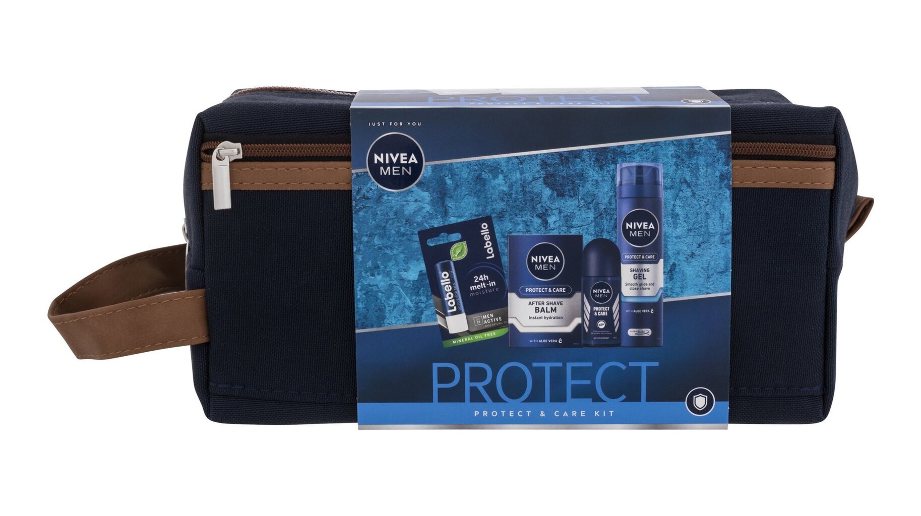 Rinkinys Nivea Men Protect & Care: skutimosi gelis, 200 ml + dezodorantas, 50 ml + balzamas po skutimosi, 100 ml+ lūpų balzamas, 4,8 g + kosmetinė kaina ir informacija | Skutimosi priemonės ir kosmetika | pigu.lt