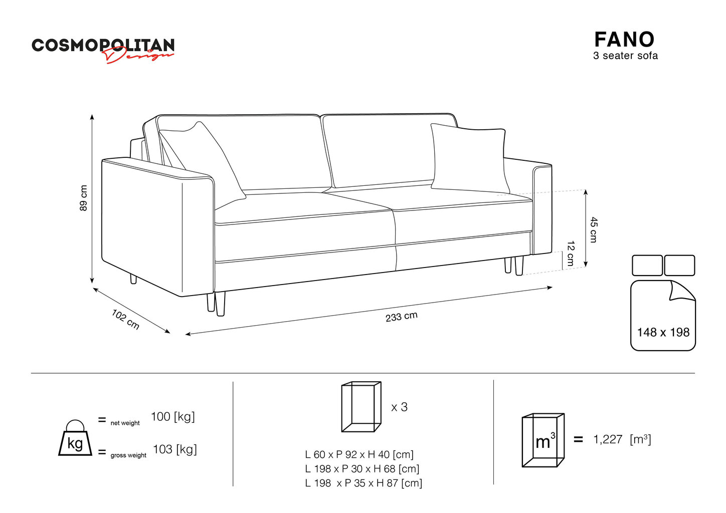 Sofa Cosmopolitan Design Fano, mėlynos/auksinės spalvos kaina ir informacija | Sofos | pigu.lt