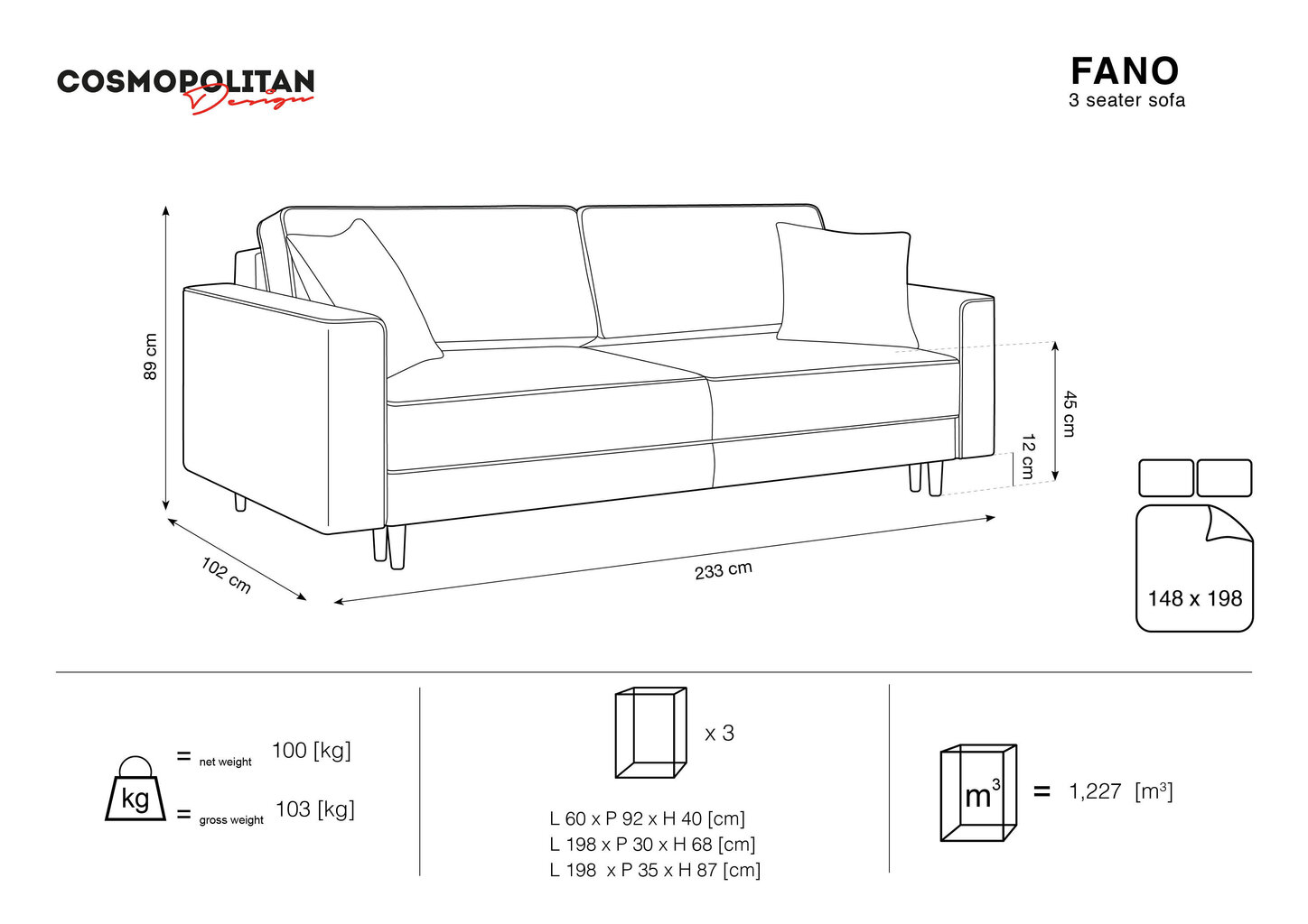 Sofa Cosmopolitan Design Fano, juoda kaina ir informacija | Sofos | pigu.lt