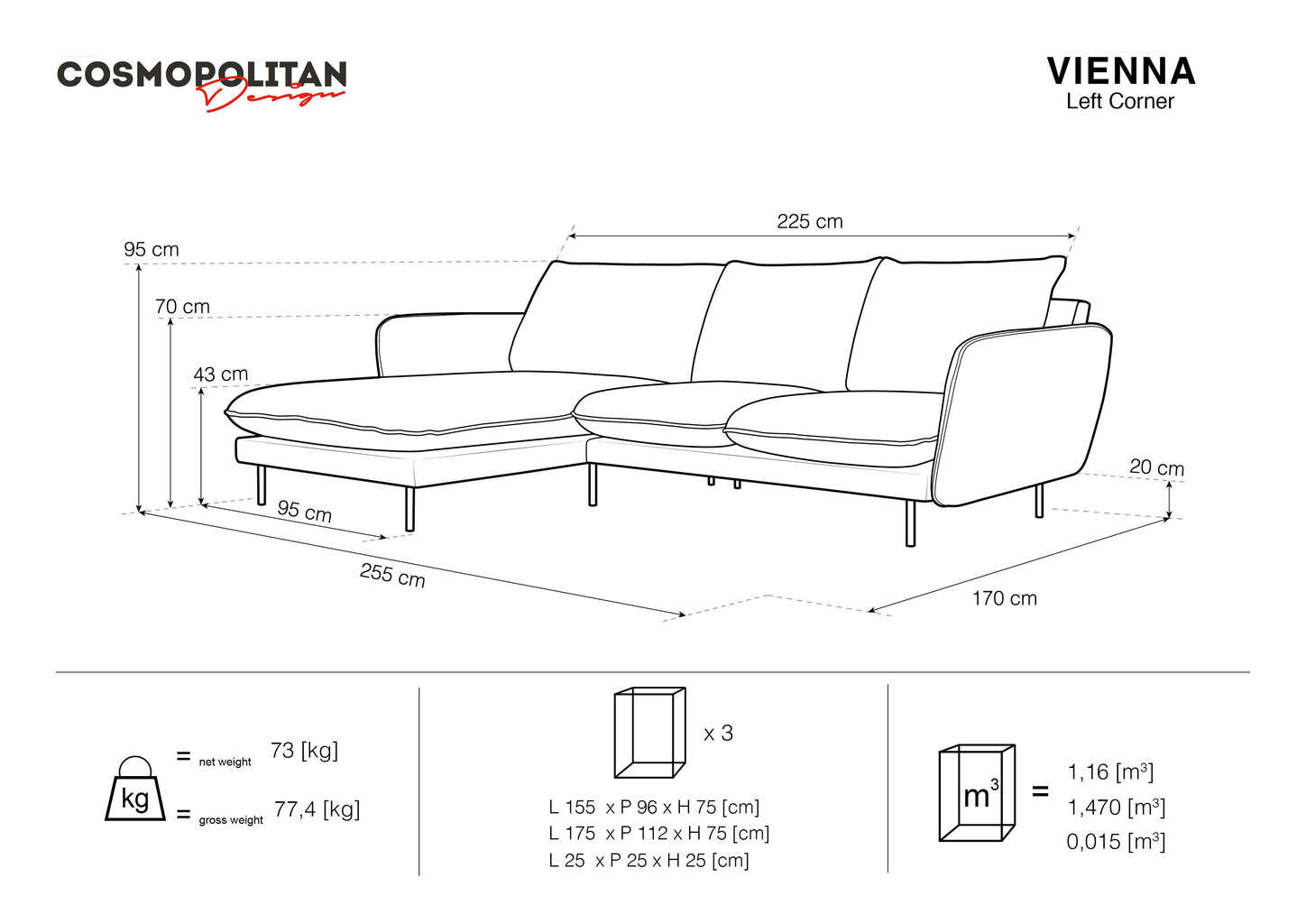 Minkštas kampas Cosmopolitan Design Vienna, veliūras, tamsiai pilkas/juodas kaina ir informacija | Minkšti kampai | pigu.lt