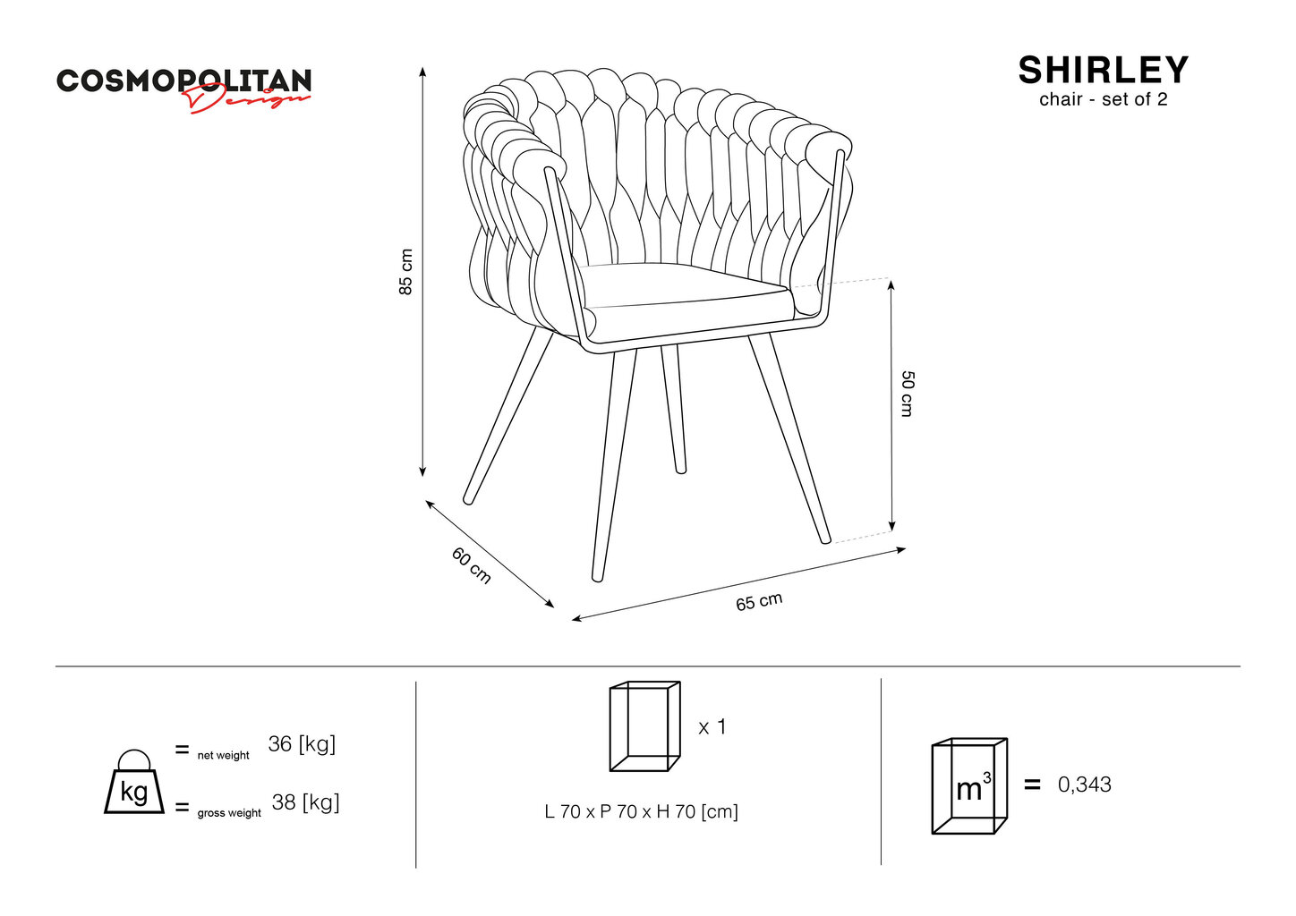 2-jų kėdžių komplektas Cosmopolitan Design Shirley, juodas kaina ir informacija | Virtuvės ir valgomojo kėdės | pigu.lt