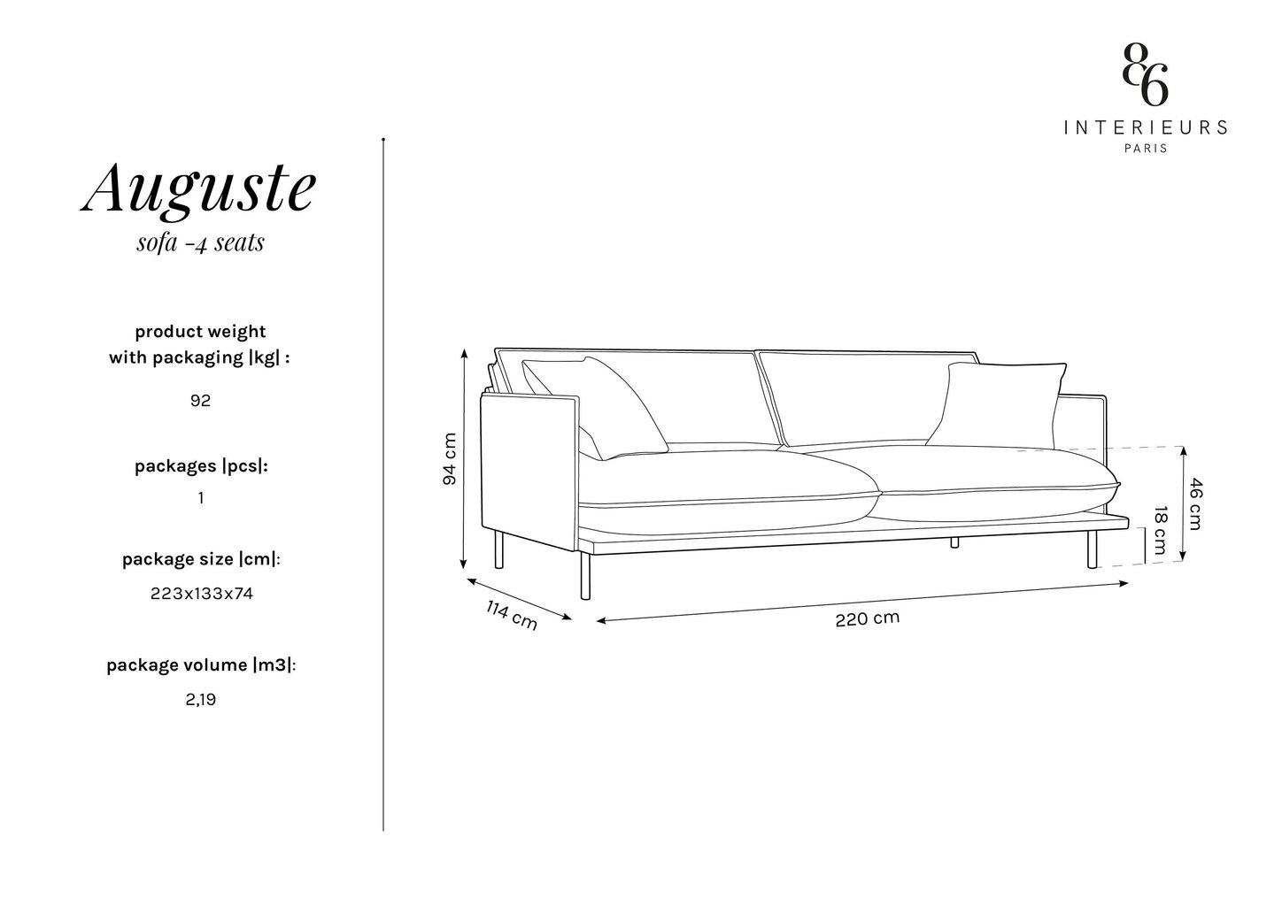 Keturvietė sofa Interieurs 86 Auguste, pilka kaina ir informacija | Sofos | pigu.lt
