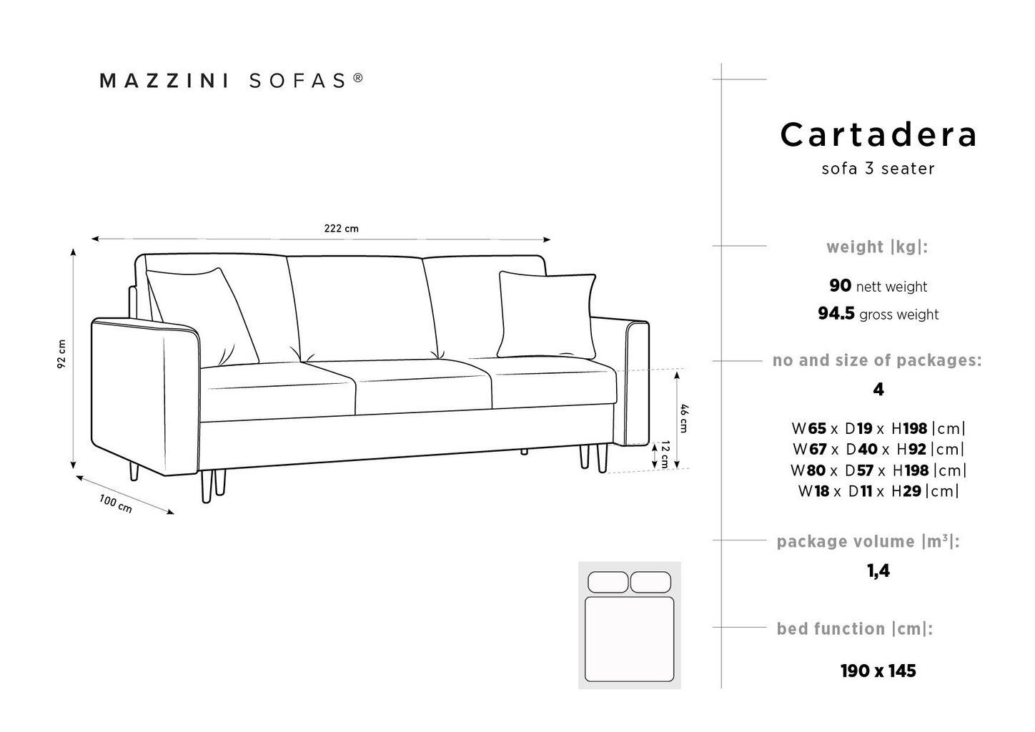 Trivietė sofa Mazzini Sofas Cartadera, šviesiai mėlyna/auksinės spalvos kaina ir informacija | Sofos | pigu.lt