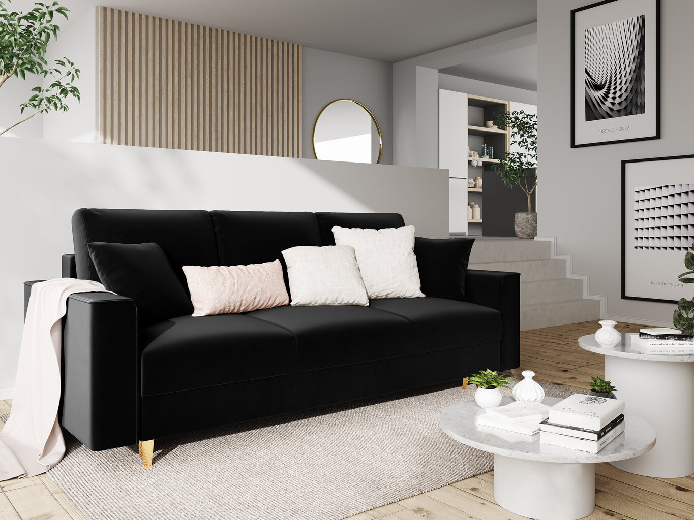 Trivietė sofa Mazzini Sofas Cartadera, juoda/auksinės spalvos kaina ir informacija | Sofos | pigu.lt