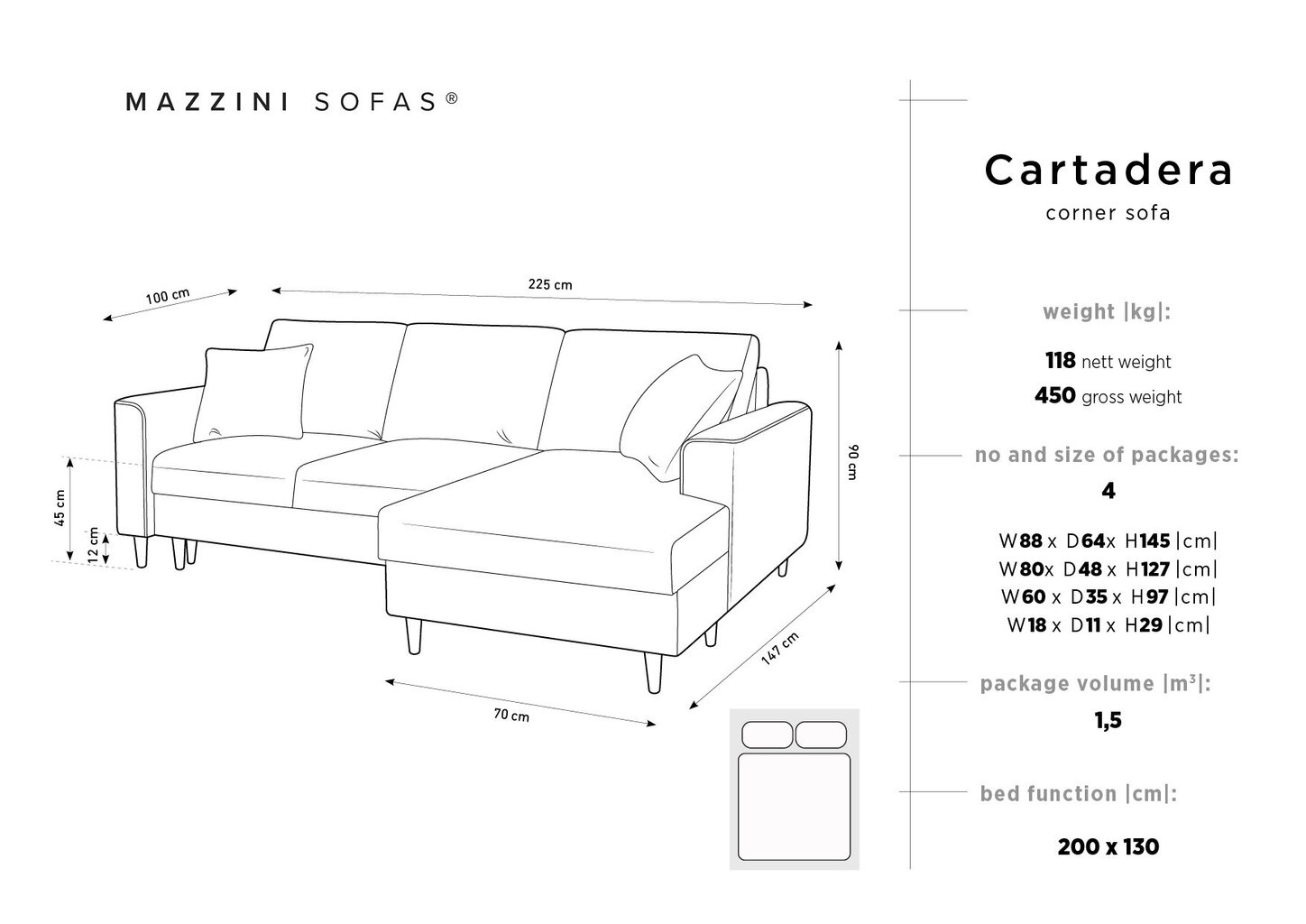 Minkštas kampas Mazzini Sofas Cartadera, pilkas kaina ir informacija | Minkšti kampai | pigu.lt