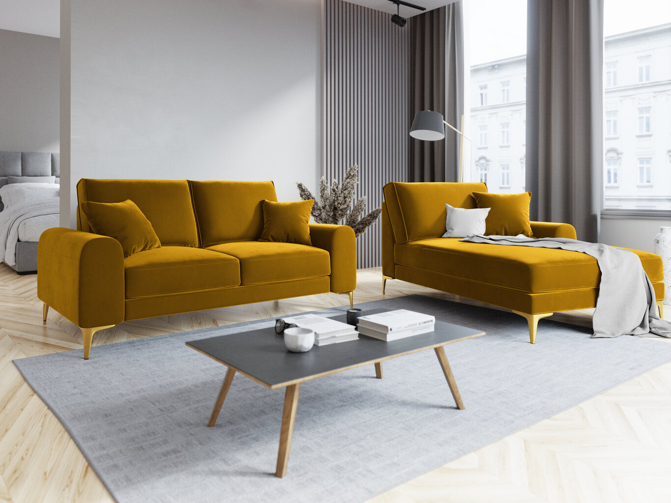 Dvivietė sofa Mazzini Sofas Madara, veliūras, geltona/auksinės spalvos kaina ir informacija | Sofos | pigu.lt