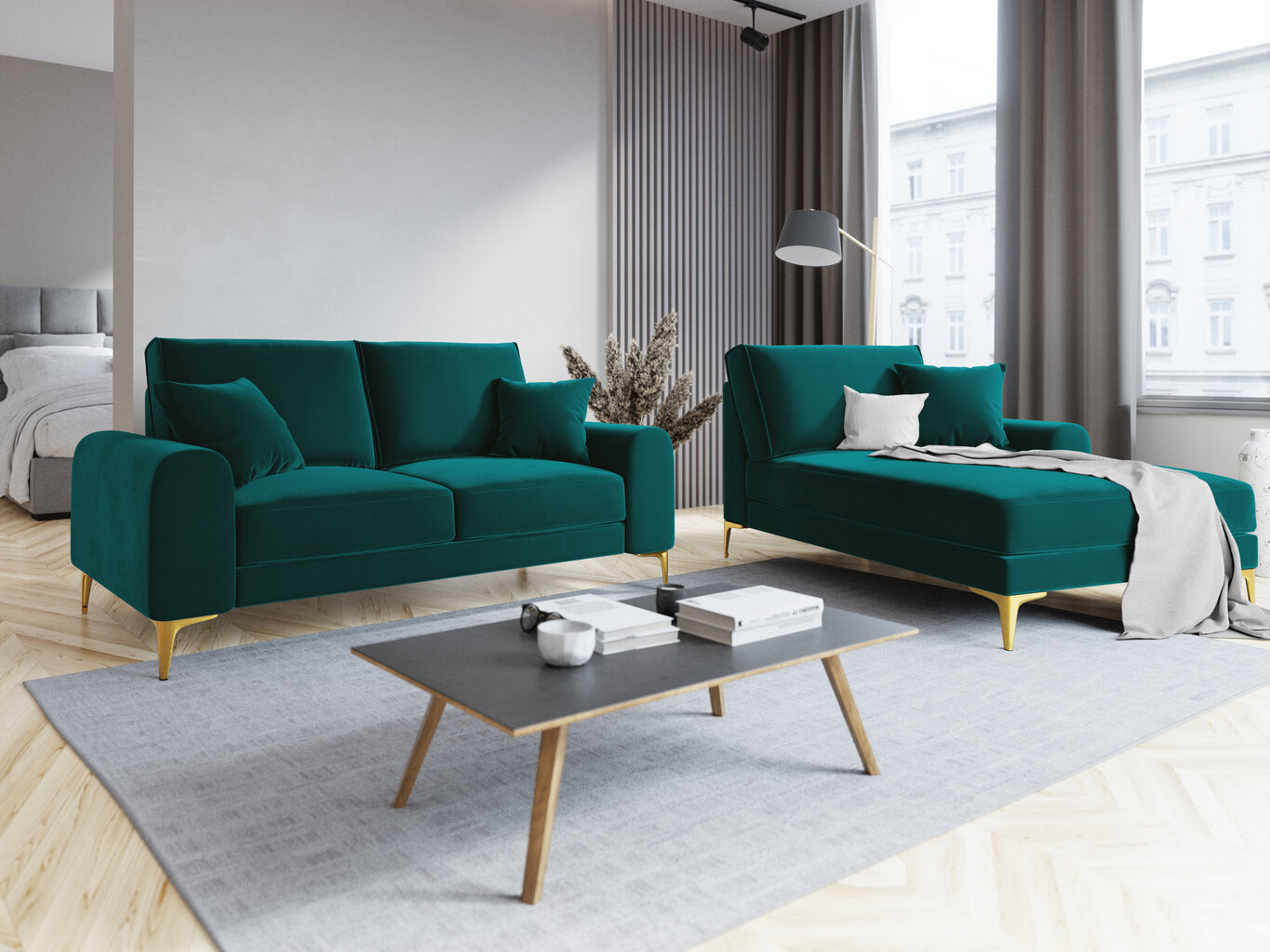 Dvivietė sofa Mazzini Sofas Madara, veliūras, šviesiai žalia/auksinės spalvos kaina ir informacija | Sofos | pigu.lt