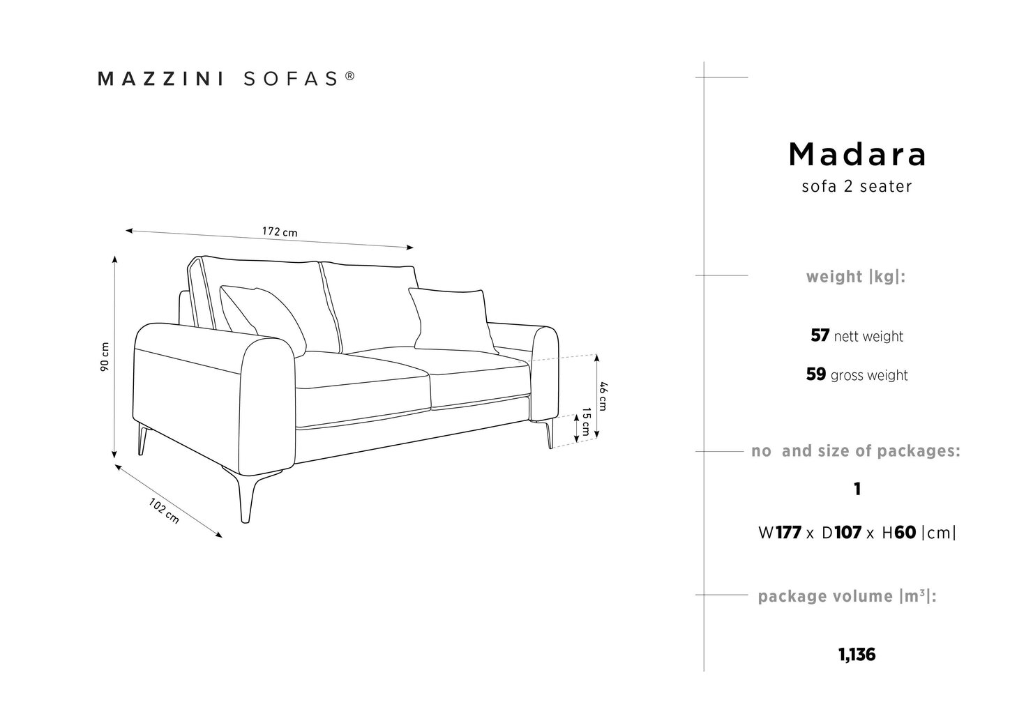 Dvivietė sofa Mazzini Sofas Madara, veliūras, šviesiai mėlyna/auksinės spalvos kaina ir informacija | Sofos | pigu.lt