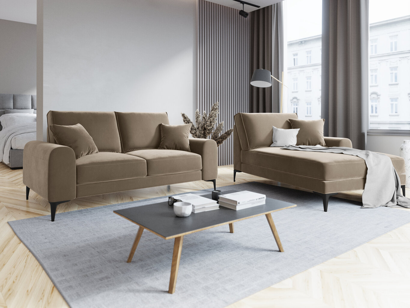 Dvivietė sofa Mazzini Sofas Madara, veliūras, smėlio spalvos/juoda kaina ir informacija | Sofos | pigu.lt