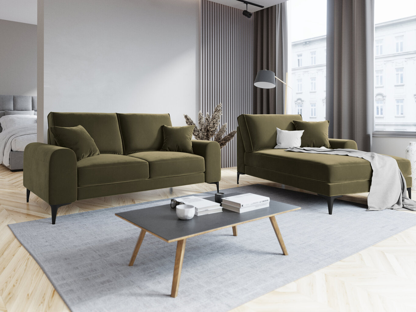 Dvivietė sofa Mazzini Sofas Madara, veliūras, žalia/juoda kaina ir informacija | Sofos | pigu.lt