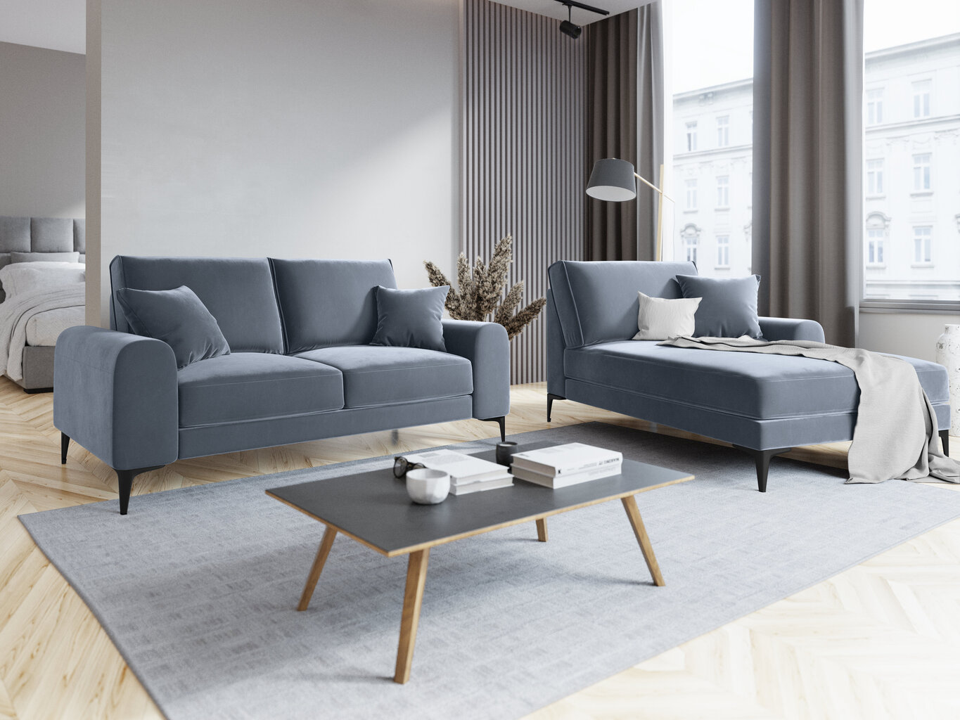 Dvivietė sofa Mazzini Sofas Madara, veliūras, šviesiai mėlyna/juoda kaina ir informacija | Sofos | pigu.lt