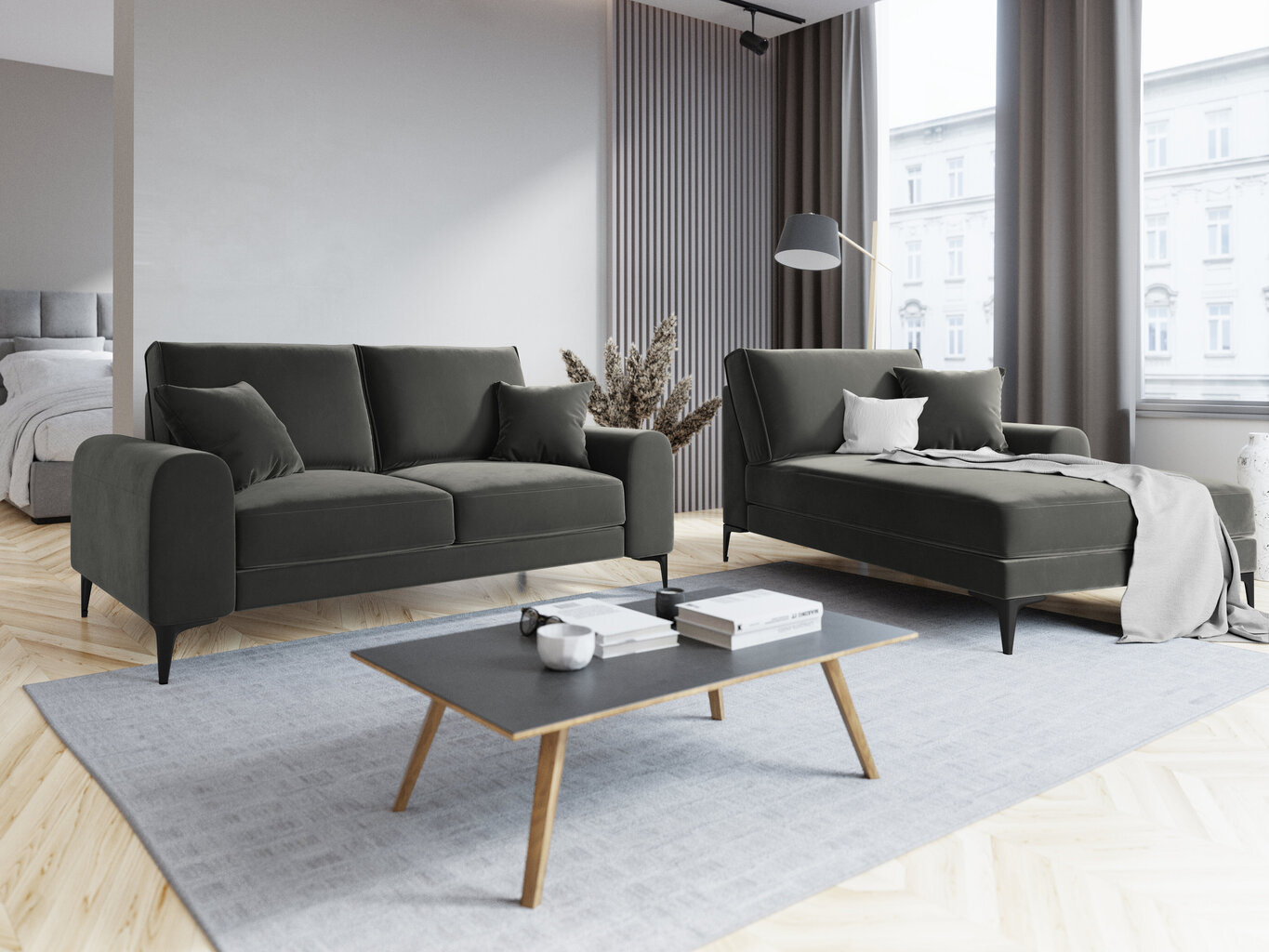 Dvivietė sofa Mazzini Sofas Madara, veliūras, tamsiai pilka/juoda kaina ir informacija | Sofos | pigu.lt