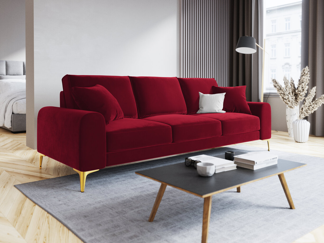 Trivietė sofa Mazzini Sofas Madara, veliūras, raudona/auksinės spalvos цена и информация | Sofos | pigu.lt