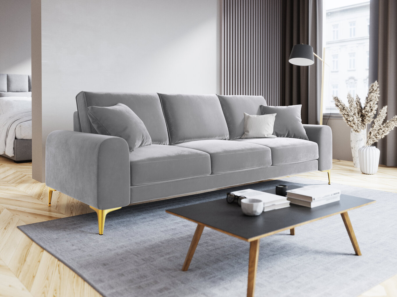 Trivietė sofa Mazzini Sofas Madara, veliūras, sidabrinės/auksinės spalvos kaina ir informacija | Sofos | pigu.lt