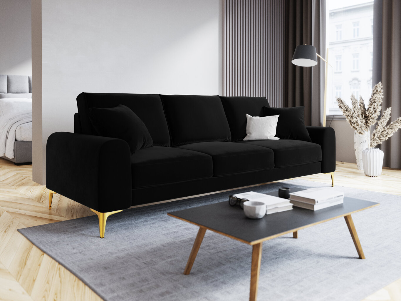 Trivietė sofa Mazzini Sofas Madara, veliūras, juoda/auksinės spalvos kaina ir informacija | Sofos | pigu.lt