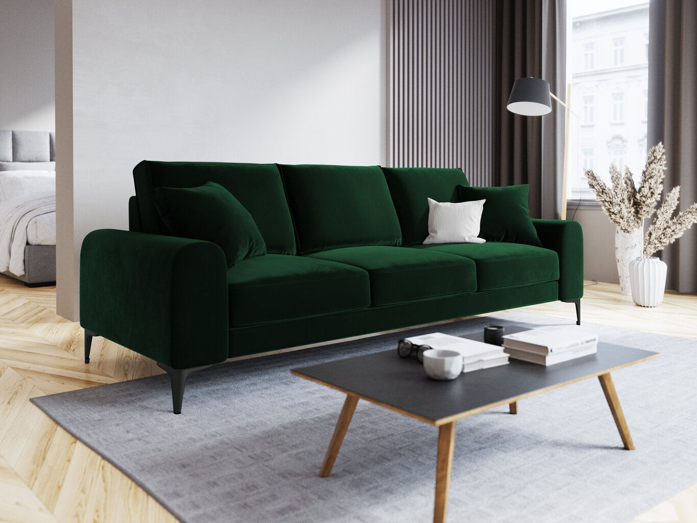 Trivietė sofa Mazzini Sofas Madara, veliūras, tamsiai žalia/juoda цена и информация | Sofos | pigu.lt