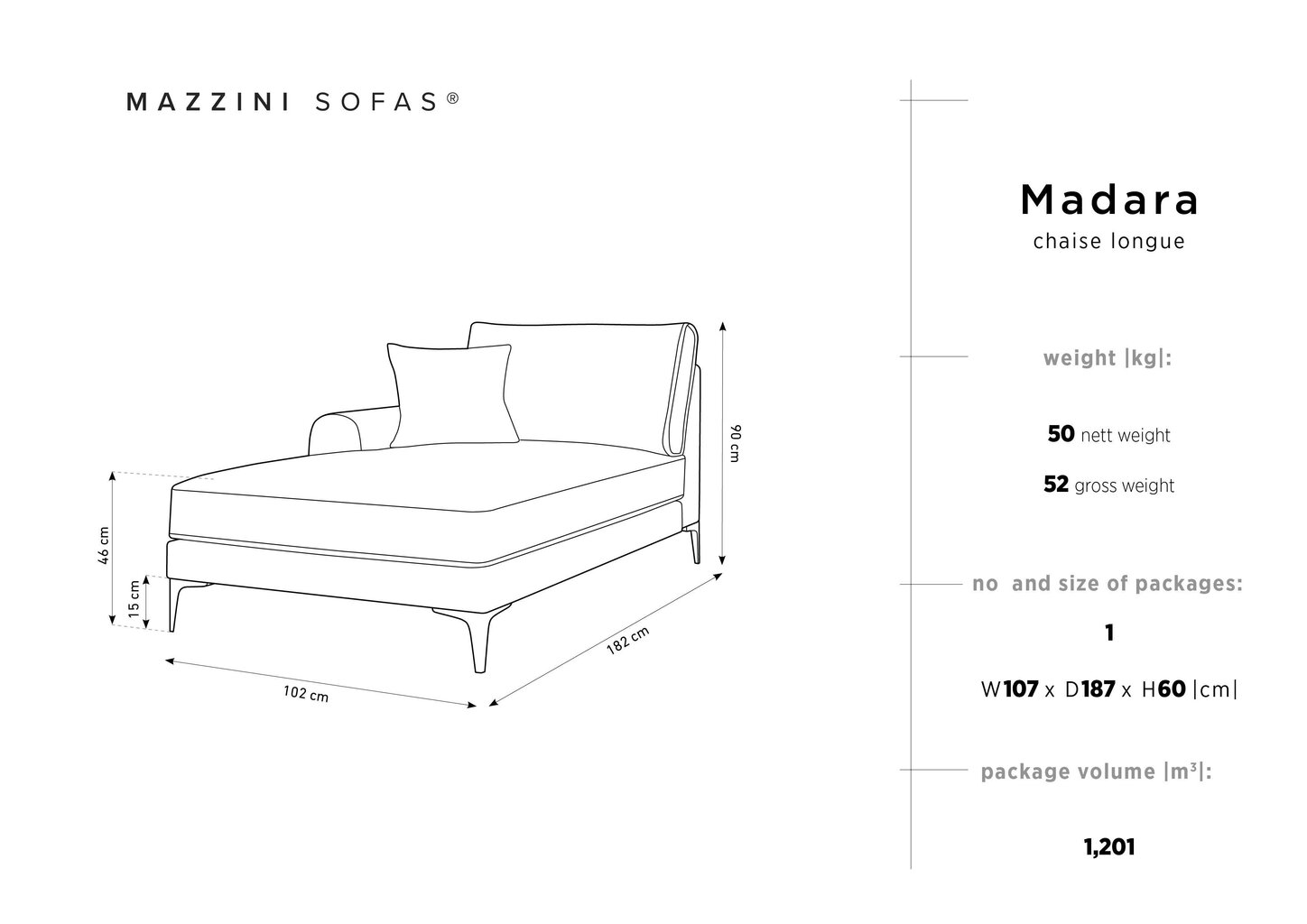 Kušetė Mazzini Sofas Madara, šviesiai pilka kaina ir informacija | Sofos | pigu.lt