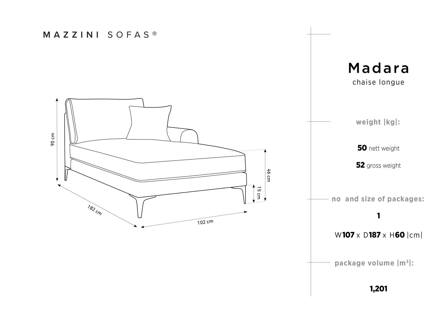 Kušetė Mazzini Sofas Madara, pilka/juoda kaina ir informacija | Sofos | pigu.lt