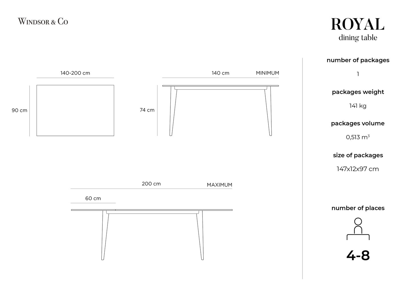 Išskleidžiamas stalas Windsor & Co Royal, 140x90 cm, rudas kaina ir informacija | Virtuvės ir valgomojo stalai, staliukai | pigu.lt