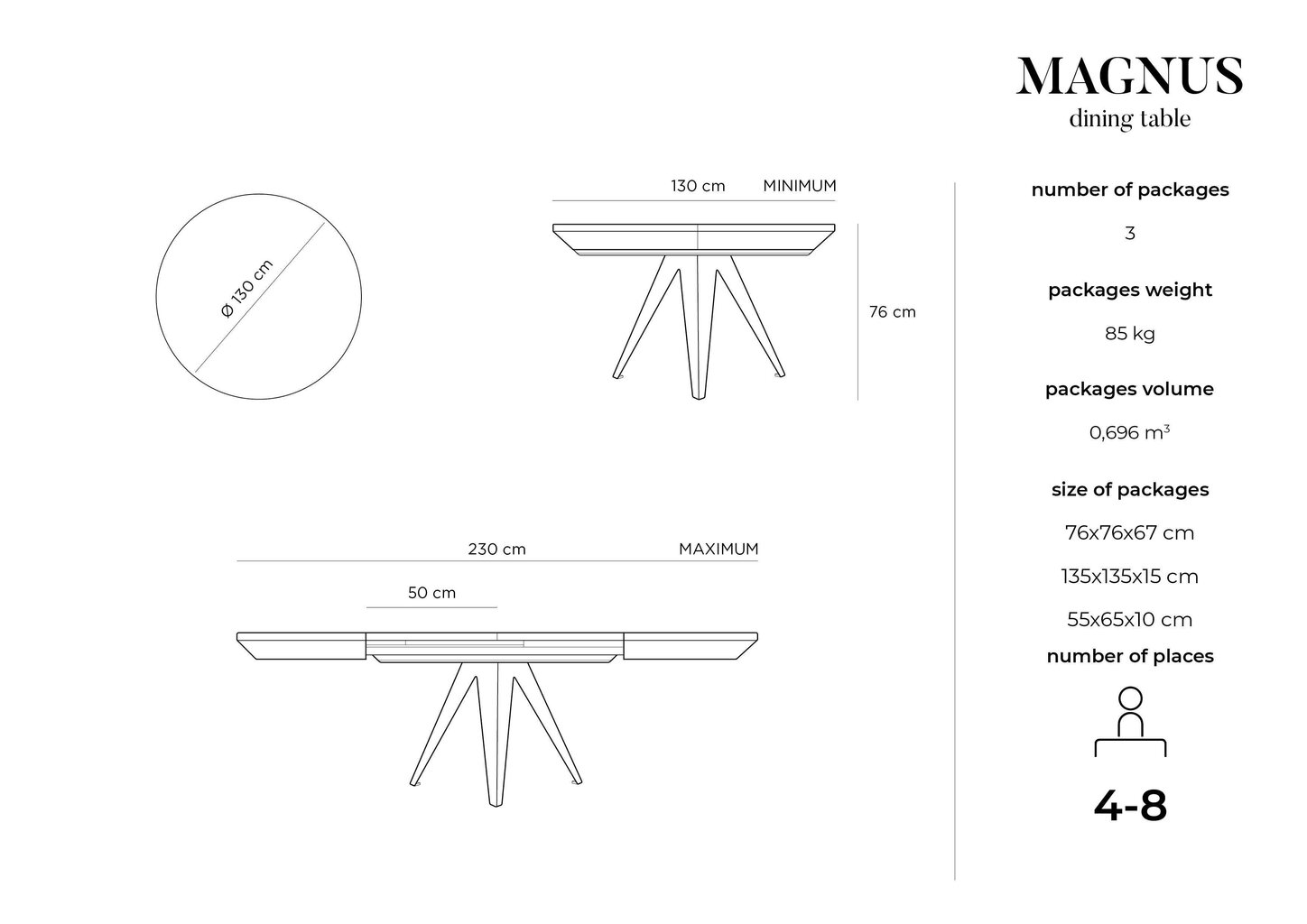 Išskleidžiamas stalas Windsor & Co Magnus 130 cm, rudas/juodas kaina ir informacija | Virtuvės ir valgomojo stalai, staliukai | pigu.lt