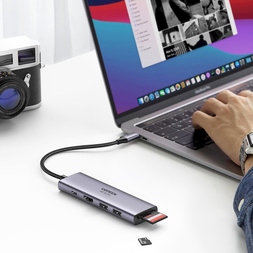 Ugreen 6in1 multifunctional USB Type C HUB - 2x USB 3.2 Gen 1 / HDMI 4K 60Hz / SD and TF memory card reader / USB Type C PD 100W kaina ir informacija | Laidai telefonams | pigu.lt