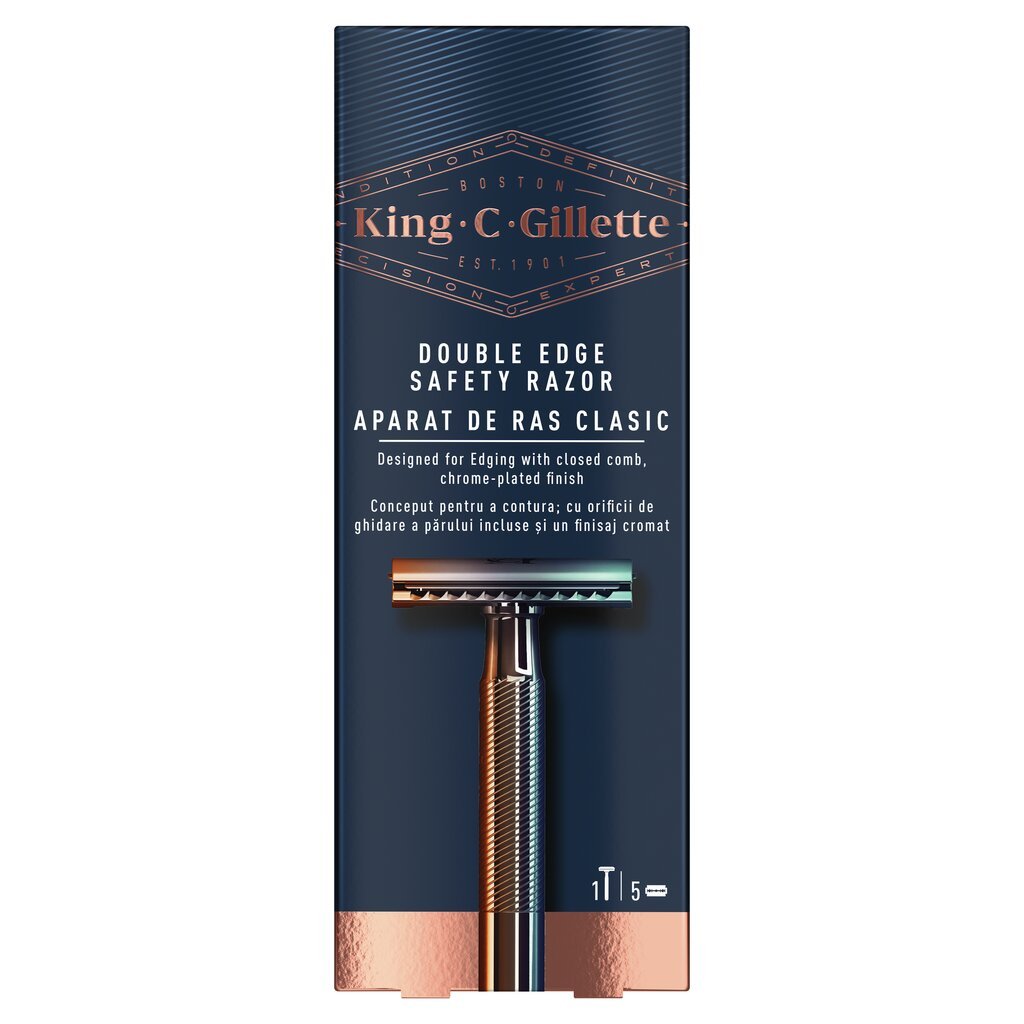 Skustuvas + pakaitiniai peiliukai King C Gillette Double Edge Safety Razor 5vnt. kaina ir informacija | Skutimosi priemonės ir kosmetika | pigu.lt