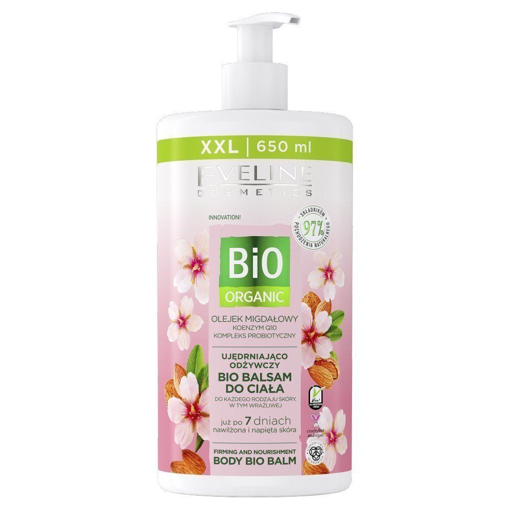 Stangrinantis ir maitinantis bio kūno balzamas visų tipų odai Eveline Cosmetics Bio Migdolų aliejus, 650 ml цена и информация | Anticeliulitinės, stangrinamosios priemonės | pigu.lt