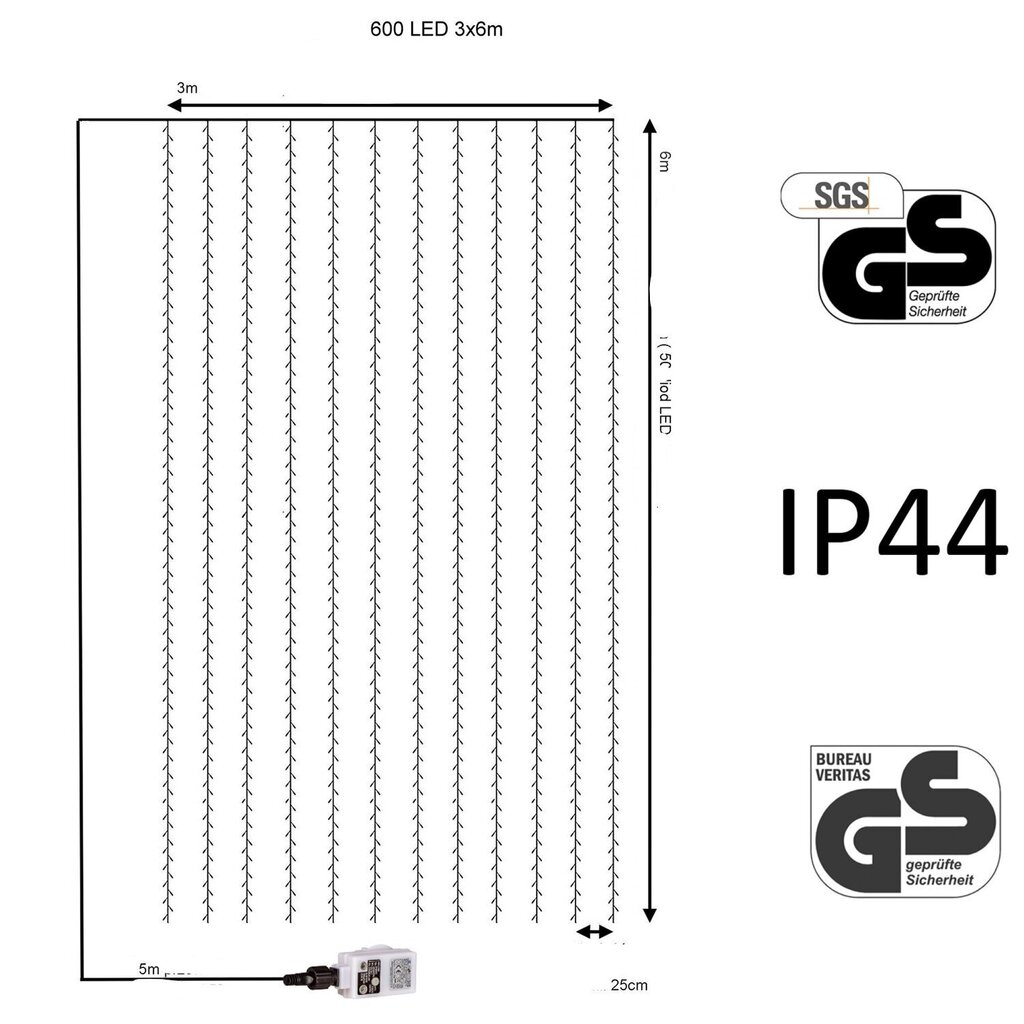 Užuolaida 600 LED 3x6 m su pultu ir dimeriu "Premium Intelligence", šaltai balta kaina ir informacija | Girliandos | pigu.lt