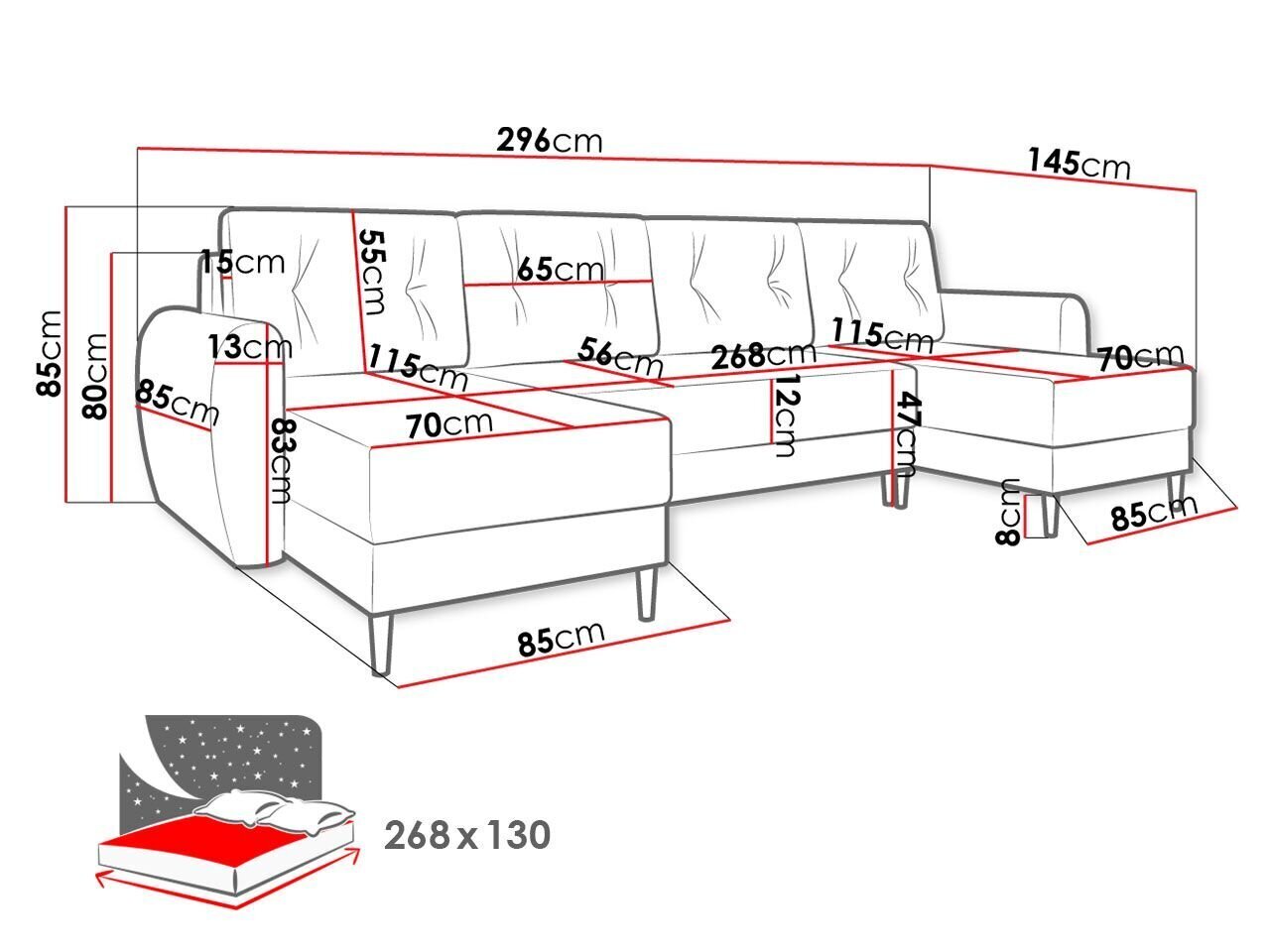 Kampinė sofa-lova Palermo U kaina ir informacija | Minkšti kampai | pigu.lt