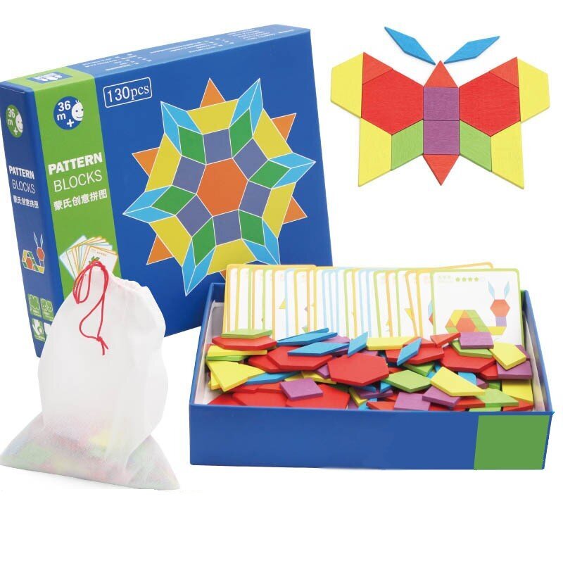 Medinė dėlionė Pattern Blocks 130 detalių kaina ir informacija | Dėlionės (puzzle) | pigu.lt