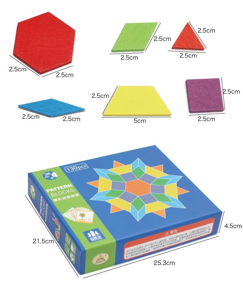 Medinė dėlionė Pattern Blocks 130 detalių kaina ir informacija | Dėlionės (puzzle) | pigu.lt