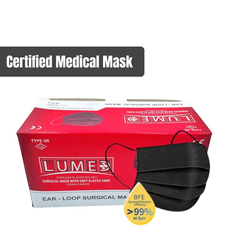Trisluoksnės veido kaukės Lumed Type I R medical, juodos 50 vnt. kaina ir informacija | Pirmoji pagalba | pigu.lt