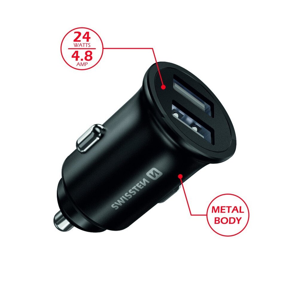 Swissten Metal Premium Car charger 2 x USB / 4.8A Black цена и информация | Krovikliai telefonams | pigu.lt