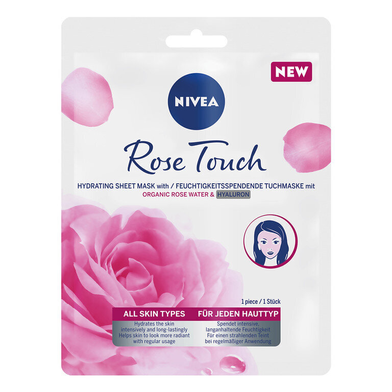 Drėkinanti lakštinė kaukė su hialurono rūgštimi Nivea Rose Touch, 1 vnt kaina ir informacija | Veido kaukės, paakių kaukės | pigu.lt