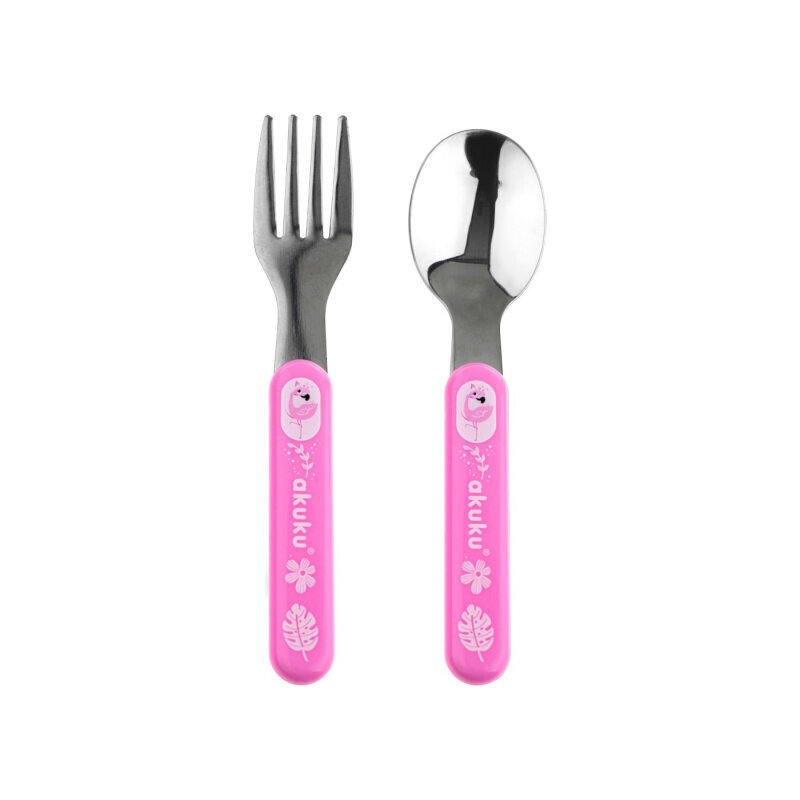 Akuku nerūdijančio plieno šaukšto ir šakutės rinkinys, rožinis, A0101 kaina ir informacija | Kūdikių indai, indeliai pienui ir įrankiai | pigu.lt