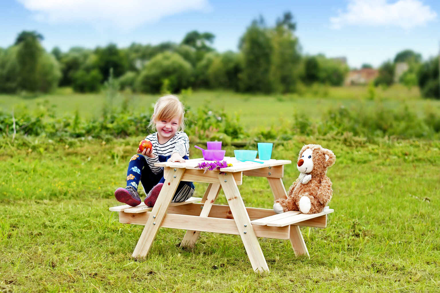 Timbela medinis vaikiškas staliukas su suoliukais M012-1 kaina ir informacija | Vaikiški lauko baldai | pigu.lt