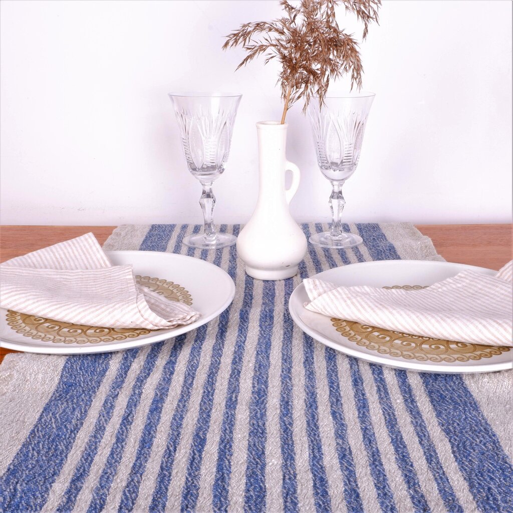 Lininis stalo takelis, mėlynomis juostomis, 40x100 cm kaina ir informacija | Staltiesės, servetėlės | pigu.lt